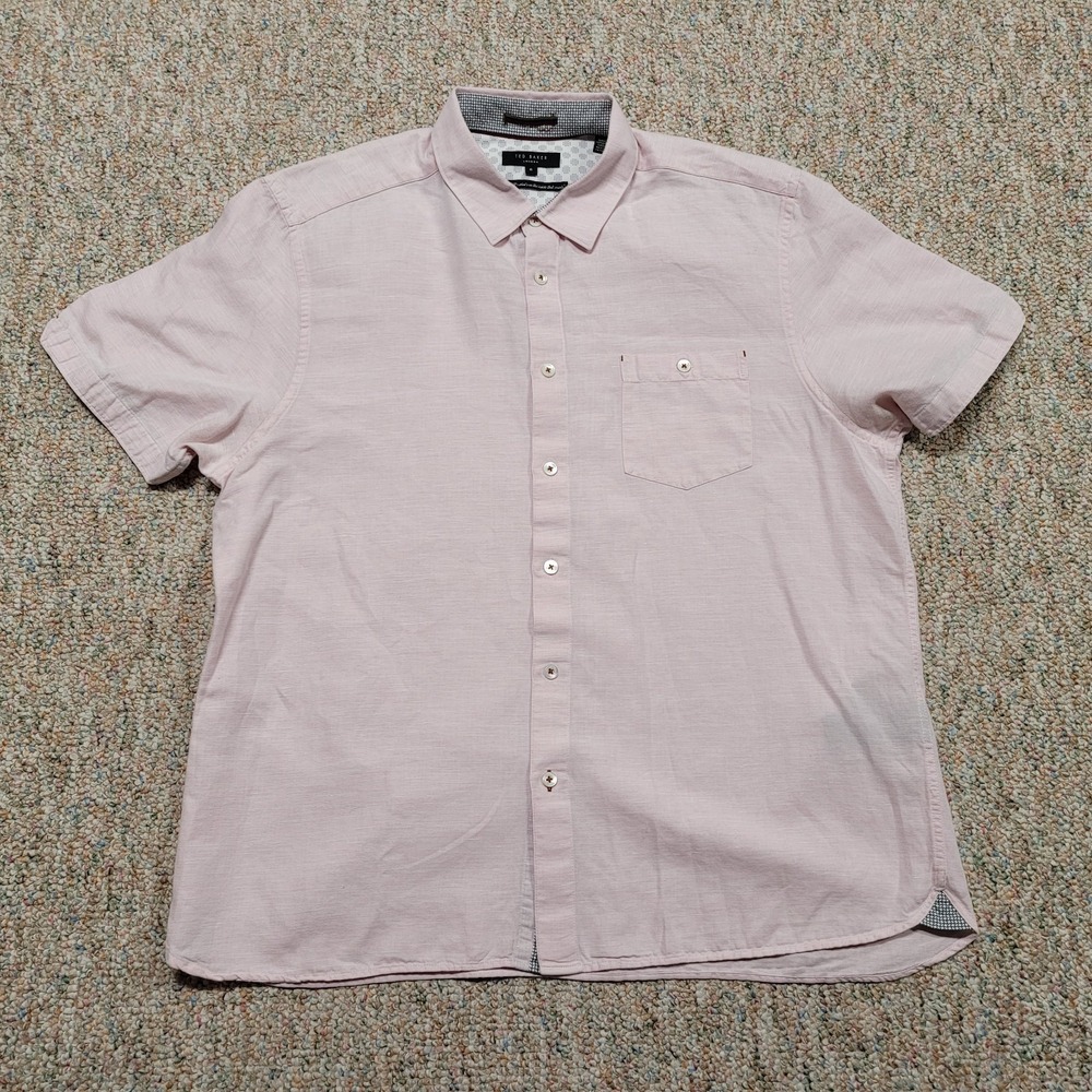 Ted Baker Shirt‎ Mens 6 Pink Linen Blend Button Up Short Sleeve Casual Preppy
